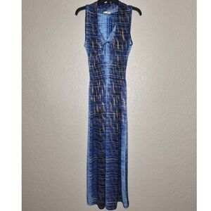Seven Islands Blue Gold Metallic Wave Print Smocked Waist Maxi Dress Large